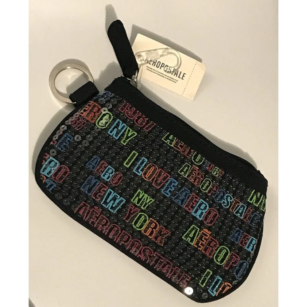 Aéropostale Makeup Bag Black Sequined I Love Aero Zippered Cosmetic Pouch NWT